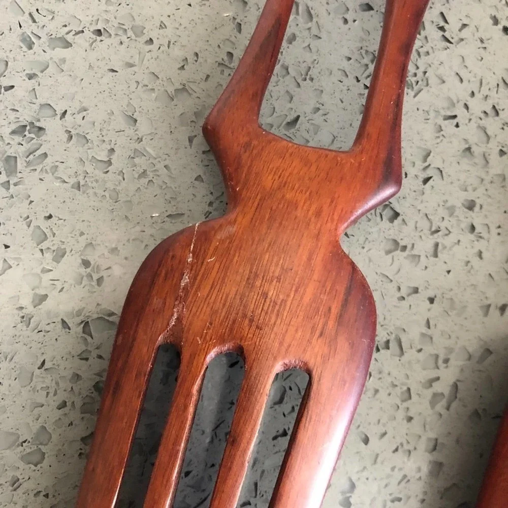 Hand Carved Wood Giraffe Fork and Spoon Serving Set 13 Inch Safari Kitchen Decor